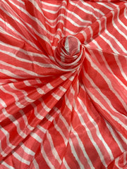 (Pre Cut 2.5 Meter)Red And White Leheriya Pattern Digital Print Silk Chinnon Fabric