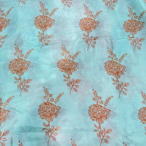 (Pre Cut 2.5 Meter) Aguamarine Blue Floral Motif Pattern Digital Print Pure Muslin Fabric