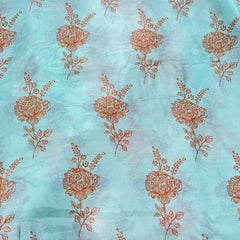 (Pre Cut 2.5 Meter) Aguamarine Blue Floral Motif Pattern Digital Print Pure Muslin Fabric