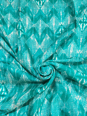 (Pre Cut 2.5 Meter)Turquoise Green Chevron Pattern Table Print Pure Muslin Fabric
