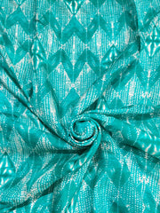 (Pre Cut 2.5 Meter)Turquoise Green Chevron Pattern Table Print Pure Muslin Fabric