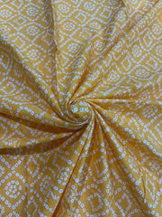 (Pre Cut 2.5 Meter)Amber Yellow And White Bandani  Print Pure Cotton Cambric Fabric