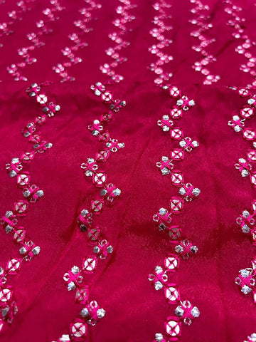(Pre Cut 2.5 Meter) Dark Pink With Gold And Silver Sequins  Embroidery Chinnon Chiffon Fabric.