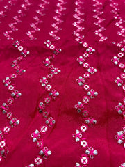 (Pre Cut 2.5 Meter) Dark Pink With Gold And Silver Sequins  Embroidery Chinnon Chiffon Fabric.