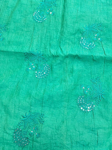 (Pre Cut 2.5 Meter)Dark green Embroidery With Sequins Voil Chanderi Fabric