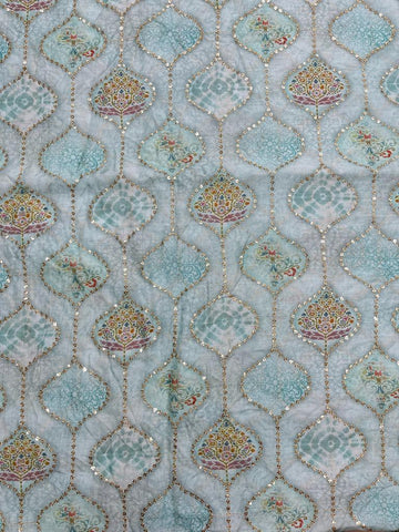 (Precut - 2.50 Meter)Aqua Blue Block Position Print Pattern Digital Print Pure Muslin Fabric