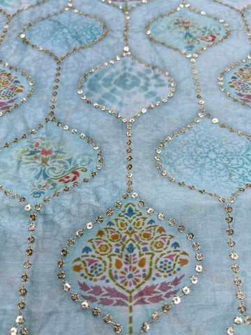 (Precut - 2.50 Meter)Aqua Blue Block Position Print Pattern Digital Print Pure Muslin Fabric