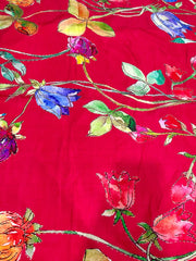 Pure Dola Silk Crimson Red Floral Digital Printed Fabric With Foil