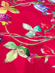 Pure Dola Silk Crimson Red Floral Digital Printed Fabric With Foil