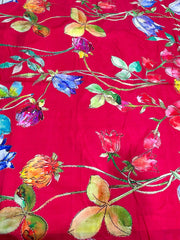 Pure Dola Silk Crimson Red Floral Digital Printed Fabric With Foil