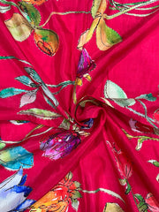 Pure Dola Silk Crimson Red Floral Digital Printed Fabric With Foil