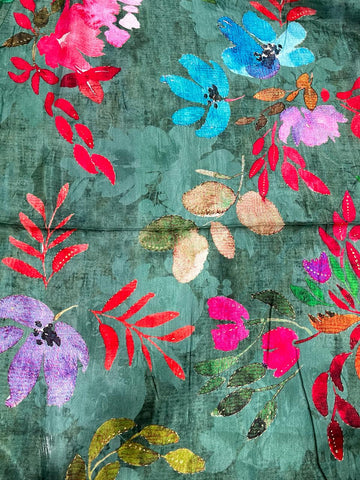(Pre Cut -1.5 Meter)Pure Dola Silk Castleton Green Color Floral Digital Printed Fabric With Foil