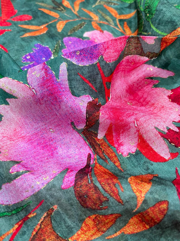 (Pre Cut -1.5 Meter)Pure Dola Silk Castleton Green Color Floral Digital Printed Fabric With Foil