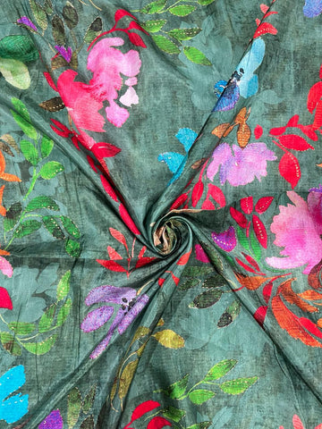 (Pre Cut -1.5 Meter)Pure Dola Silk Castleton Green Color Floral Digital Printed Fabric With Foil