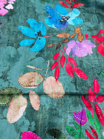 (Pre Cut -1.5 Meter)Pure Dola Silk Castleton Green Color Floral Digital Printed Fabric With Foil