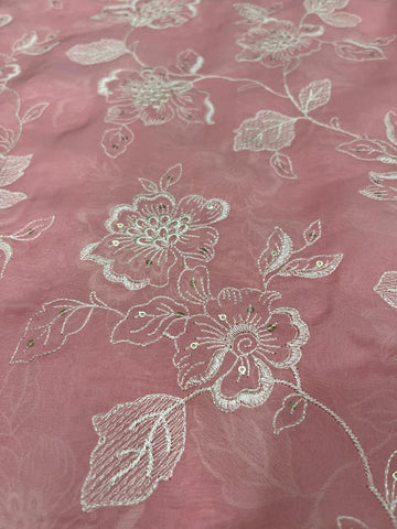 (Per Cut-3 Meter) Pure Organza  Thread Work With Sequence Embroidered Fabric