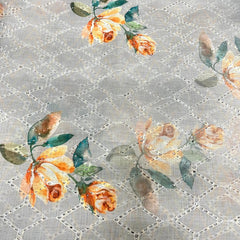 Linen Schiffli Grey Color With Orange Rose Digital Print Embroidery Fabric