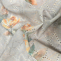 Linen Schiffli Grey Color With Orange Rose Digital Print Embroidery Fabric