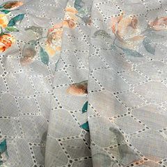 Linen Schiffli Grey Color With Orange Rose Digital Print Embroidery Fabric