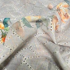 Linen Schiffli Grey Color With Orange Rose Digital Print Embroidery Fabric