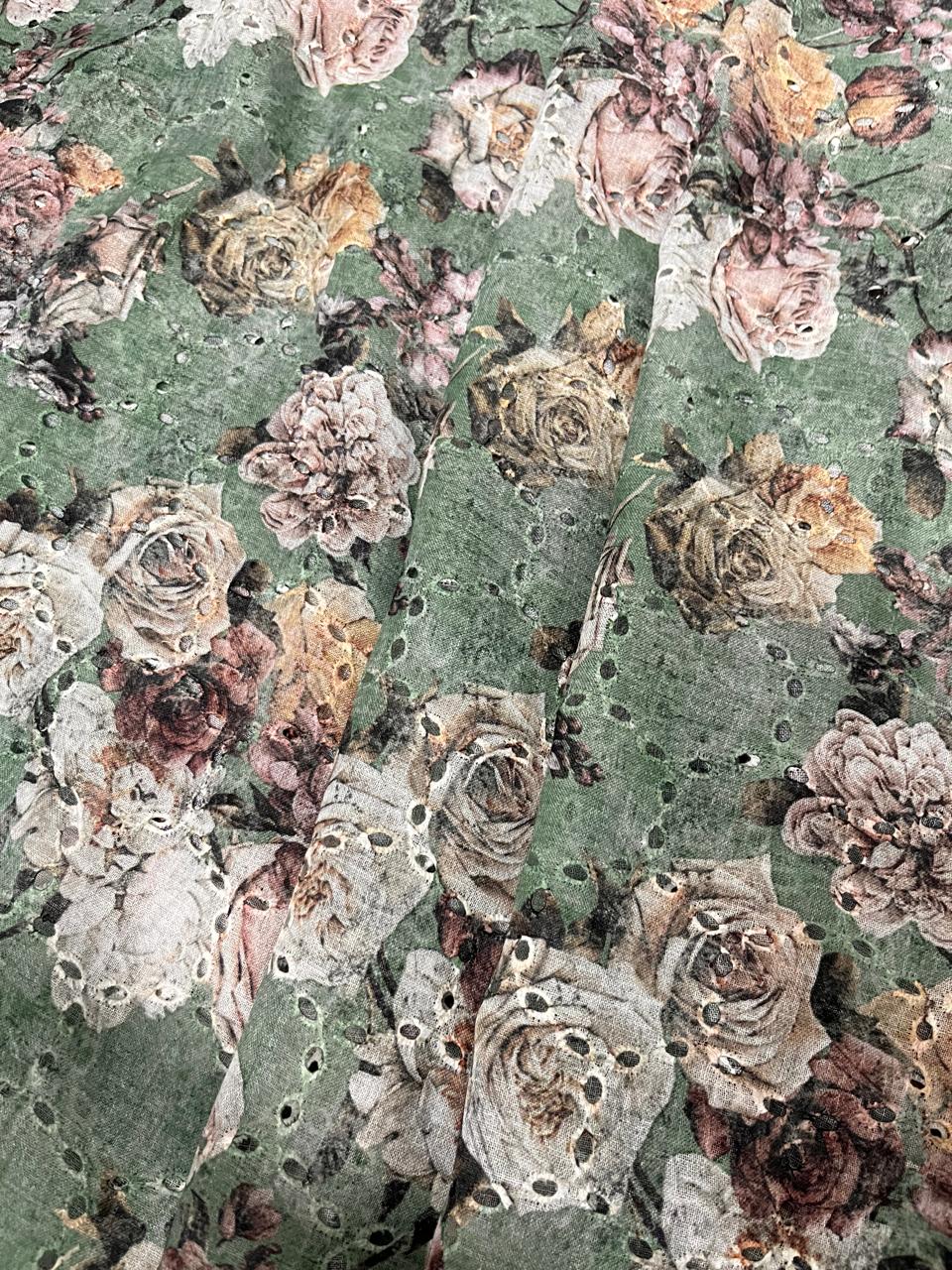 Linen Schiffli Castleton Green Color With Floral Digital Print Embroid ...