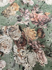 Linen Schiffli Castleton Green Color With Floral Digital Print Embroidery Fabric