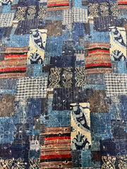 Linen Schiffli Shades Of Blue Color With Artistic Digital Print Embroidery Fabric