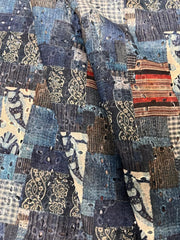 Linen Schiffli Shades Of Blue Color With Artistic Digital Print Embroidery Fabric