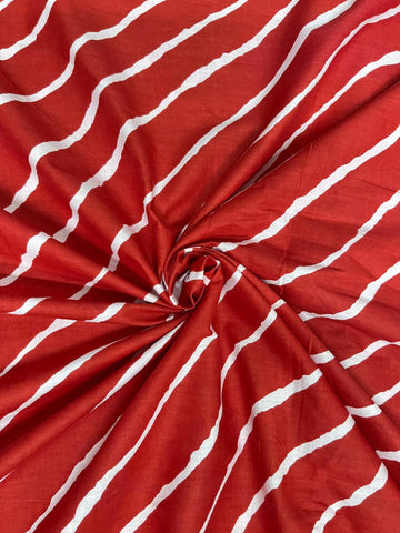 (Pre Cut-2.5 Meter) Pure Cotton Cambric Red Color Lehariya Pattern Block Print Fabric