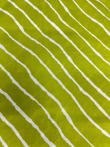 (Pre  Cut -2 Meter ) Pure Cotton Cambric Lime Green Color Lehariya Pattern Block Print Fabric