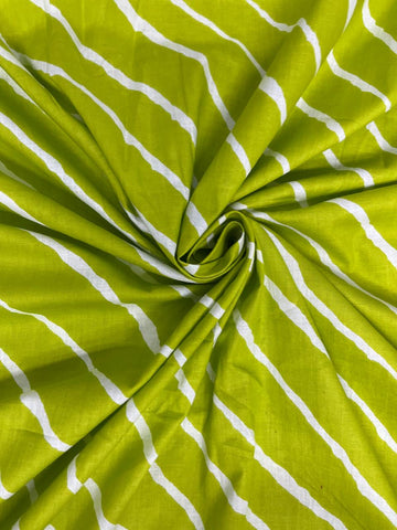 (Pre  Cut -2 Meter ) Pure Cotton Cambric Lime Green Color Lehariya Pattern Block Print Fabric
