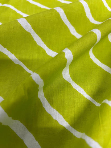 (Pre  Cut -2 Meter ) Pure Cotton Cambric Lime Green Color Lehariya Pattern Block Print Fabric
