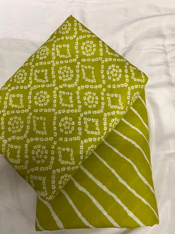 (Pre  Cut -2 Meter ) Pure Cotton Cambric Lime Green Color Lehariya Pattern Block Print Fabric