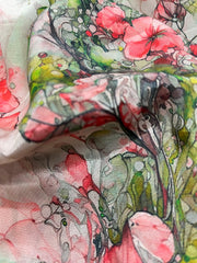 Pure Crepe Off-White Color With Pink And Green Floral Digital Print Fabric