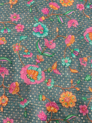 Pure Chinnon Chiffon Pine Green Floral Embroidery With Sequins Placement Print Fabric