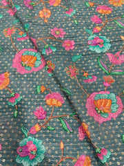 Pure Chinnon Chiffon Pine Green Floral Embroidery With Sequins Placement Print Fabric