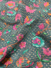 Pure Chinnon Chiffon Pine Green Floral Embroidery With Sequins Placement Print Fabric