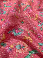 Pure Chinnon Chiffon Peach Floral Embroidery With Sequins Placement Print Fabric