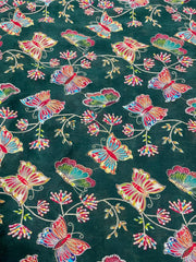 Pure Chinnon Chiffon Dark Green Color Butterfly Placement Print With Sequins Embroidery Fabric