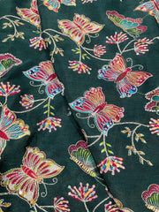 Pure Chinnon Chiffon Dark Green Color Butterfly Placement Print With Sequins Embroidery Fabric