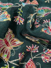 Pure Chinnon Chiffon Dark Green Color Butterfly Placement Print With Sequins Embroidery Fabric