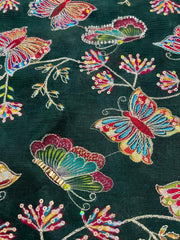 Pure Chinnon Chiffon Dark Green Color Butterfly Placement Print With Sequins Embroidery Fabric