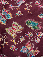 Pure Chinnon Chiffon Brown Color Butterfly Placement Print With Sequins Embroidery Fabric