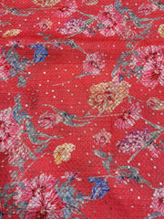 Linen dark Peach Color Digital Floral Print Thread And Sequins Embroidery Fabric