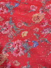 Linen dark Peach Color Digital Floral Print Thread And Sequins Embroidery Fabric