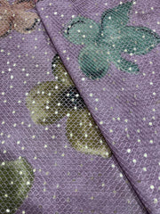 Linen Early Bird Purple Color Digital Floral Print Thread And Sequins Embroidery Fabric