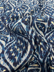 Modal Chanderi Navy Blue Color Geometric Pattern Screen Print Fabric With Foil