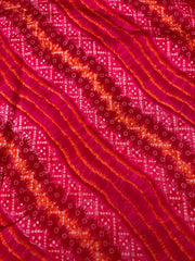 (Pre Cut -3 Meter)Modal Chanderi Hot Pink Color Lehriya With Bandhani Pattern Screen Print Fabric With Foil