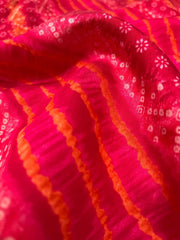 (Pre Cut -3 Meter)Modal Chanderi Hot Pink Color Lehriya With Bandhani Pattern Screen Print Fabric With Foil