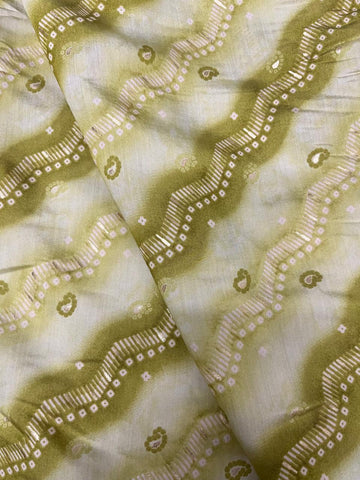 (Pre Cut 1-Meter) Modal Chanderi Light Lime Green Color Zigzag Strips Pattern Screen Print Fabric With Foil